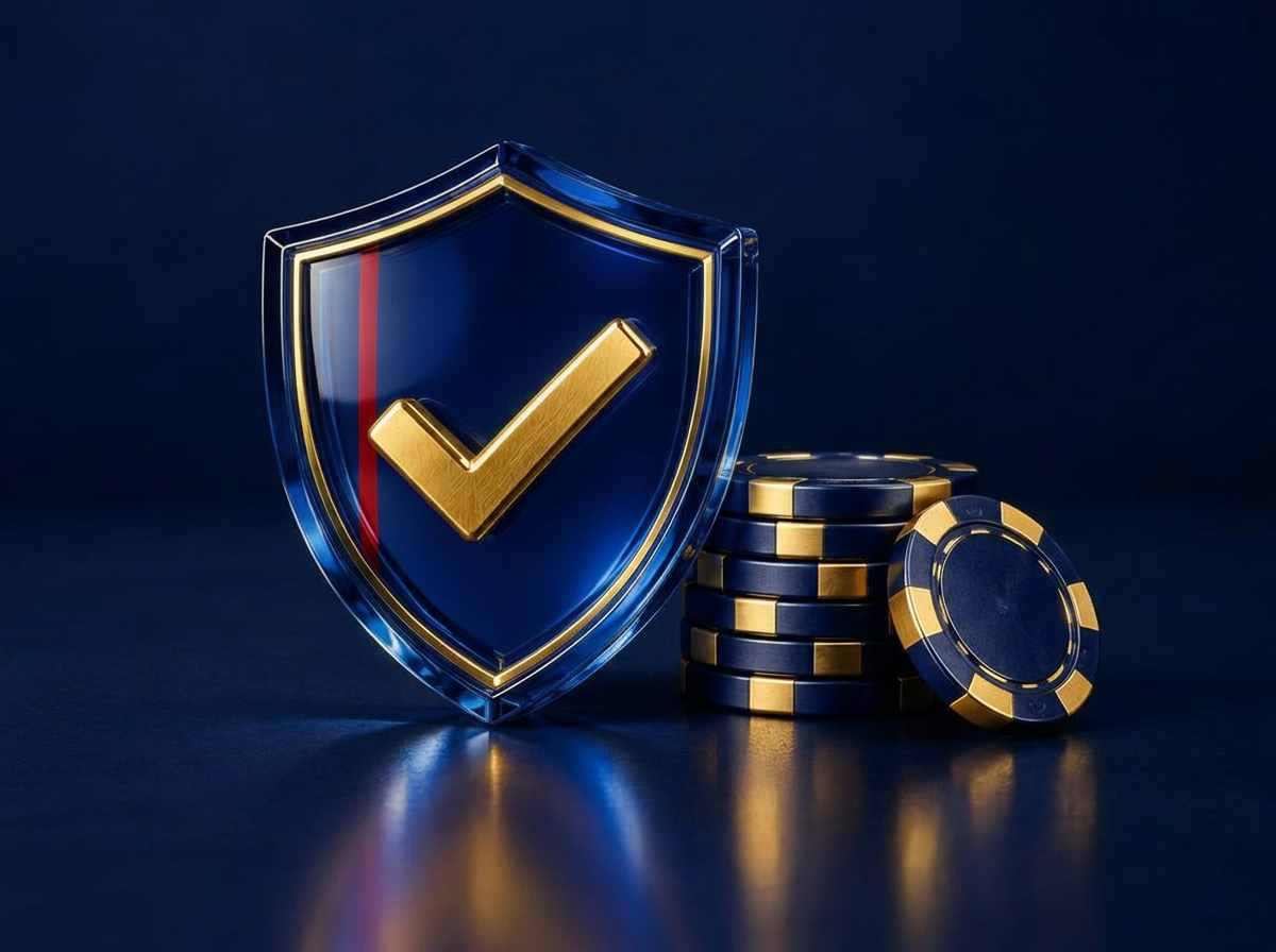 Scut albastru și auriu simbolizând securitatea și verificarea platformelor